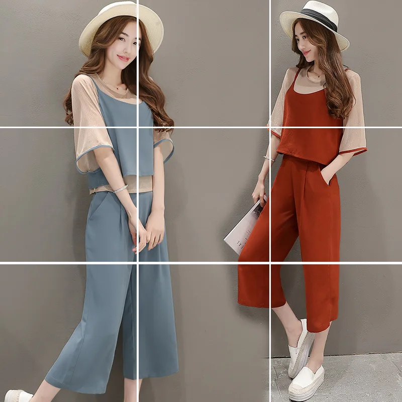 

Chubby Large Size Dress Summer Slimming Western Style Large GIRL'S Mm Chiffon Tops Capri Pants Three-piece Set-Women's