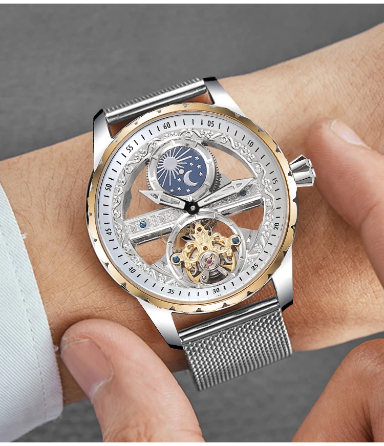 Креативные прозрачные мужские механические часы с автоматическим заводом, часы с турбийоном из натуральной кожи, водонепроницаемые часы Montre Moon Phase