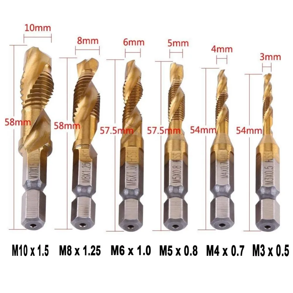 HSS, Torneira métrica, Torneira composta, Ferramentas manuais, M3, M4, M5, M6, M8, M10, 6pcs