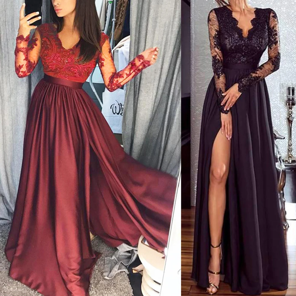 

Sexy deep v neck backless summer red dress women Elegant lace evening maxi dress Holiday long party dress ladies 2019