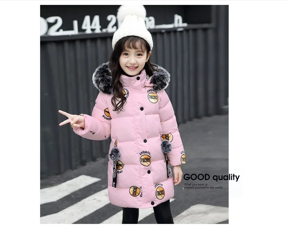Коллекция года, детское пальто с мехом для девочек русская зимняя куртка для девочек-подростков, теплая Плотная хлопковая стеганая длинная корейская детская одежда с капюшоном