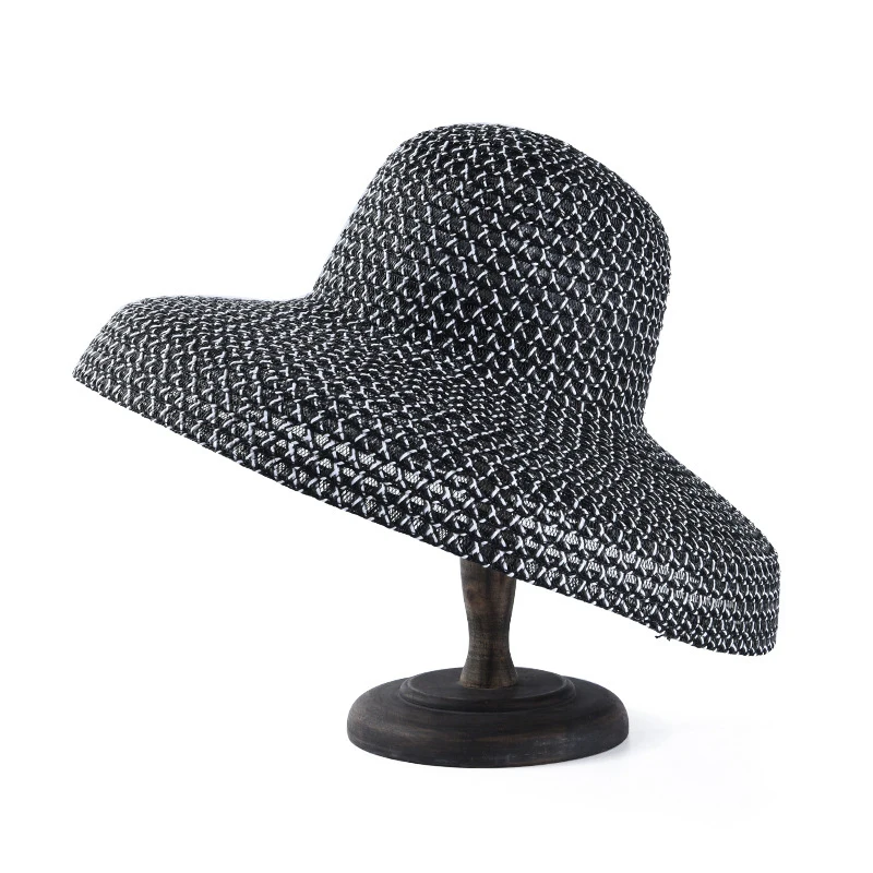 Retro Round Top Big Straw Hat Ladies Sun Hats Travel Holiday Visor Hats Vintage Women Beach Hat Black