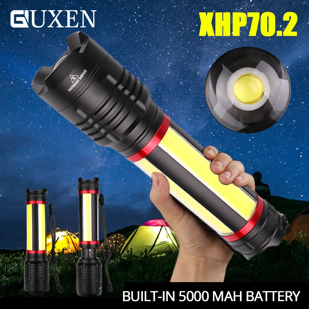 

Multifunction XHP70.2 LED Flashlight with 4 COB Side Light Built-in 5000mAh Battery 5 Lighting Mode Waterproof Zoom Camping Lamp