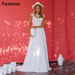 Sumnus 2021 Boho Wedding Dress O neck Short Sleeves 3D Lace Appliques Beach Bridal Dress Custom Made Wedding Gowns