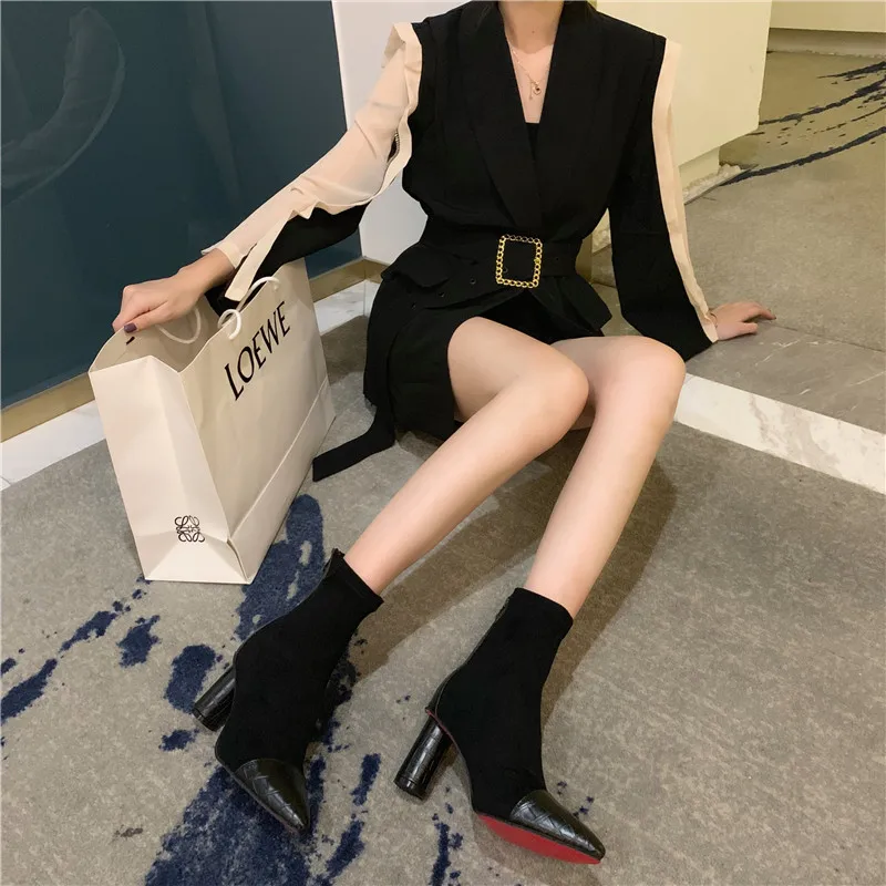 Короткие ботинки в стиле пэчворк с острым носком; bottes femme; Модные Ботинки martin на молнии сзади; botas mujer; женские ботинки «Челси» из флока на толстом каблуке в западном стиле