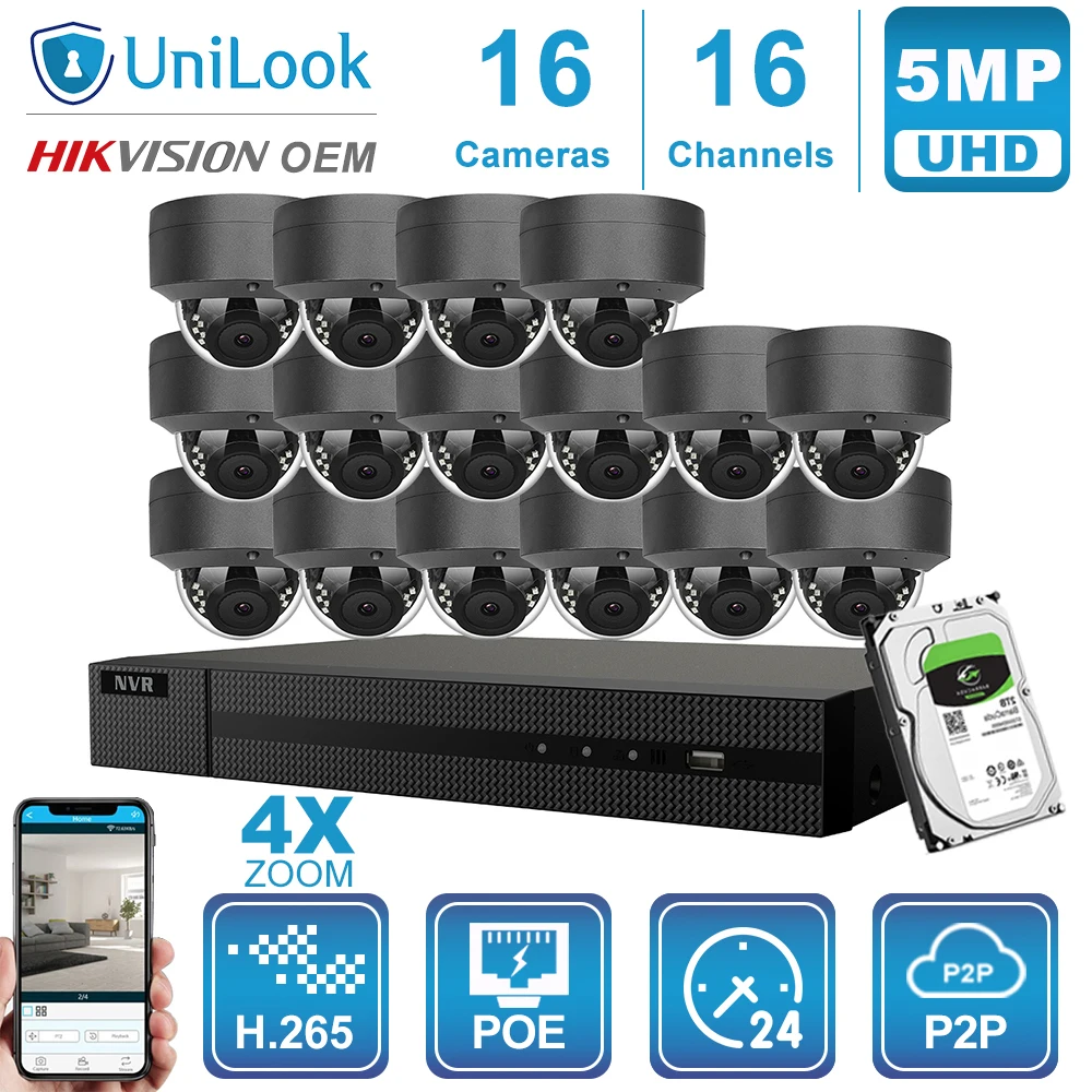 UniLook 16CH NVR 8/10/12/16 шт. серая 5MP 4X купольная POE ip камера Hikvision OEM H.265 охранная наружная CCTV