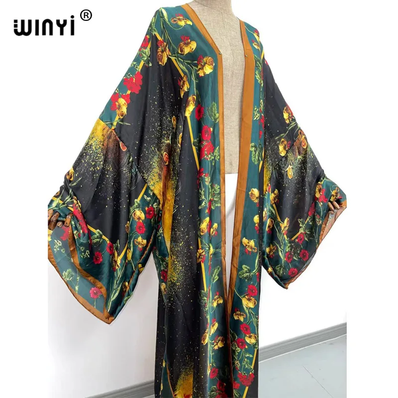 Bikini  cover-up swimwear Sweet Lady Pink Boho Print Self Belted Front Open Long Kimono Dress Beach Tunic Women Wrap Dresses