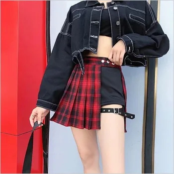 

All Match Women Short Skirt Fashion Tartan Red Pleated Skirts Streatwear Plaid Side Button Skirt Womens Casual Mini Skirt