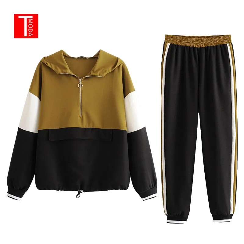 

2019 Fashion Women's Black Contrast Color Baseball Bomber Pullover Jacket Women Tops Pencil Jogging Pants Suits Two Piece Sets