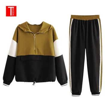 

2019 Fashion Women's Black Contrast Color Baseball Bomber Pullover Jacket Women Tops Pencil Jogging Pants Suits Two Piece Sets