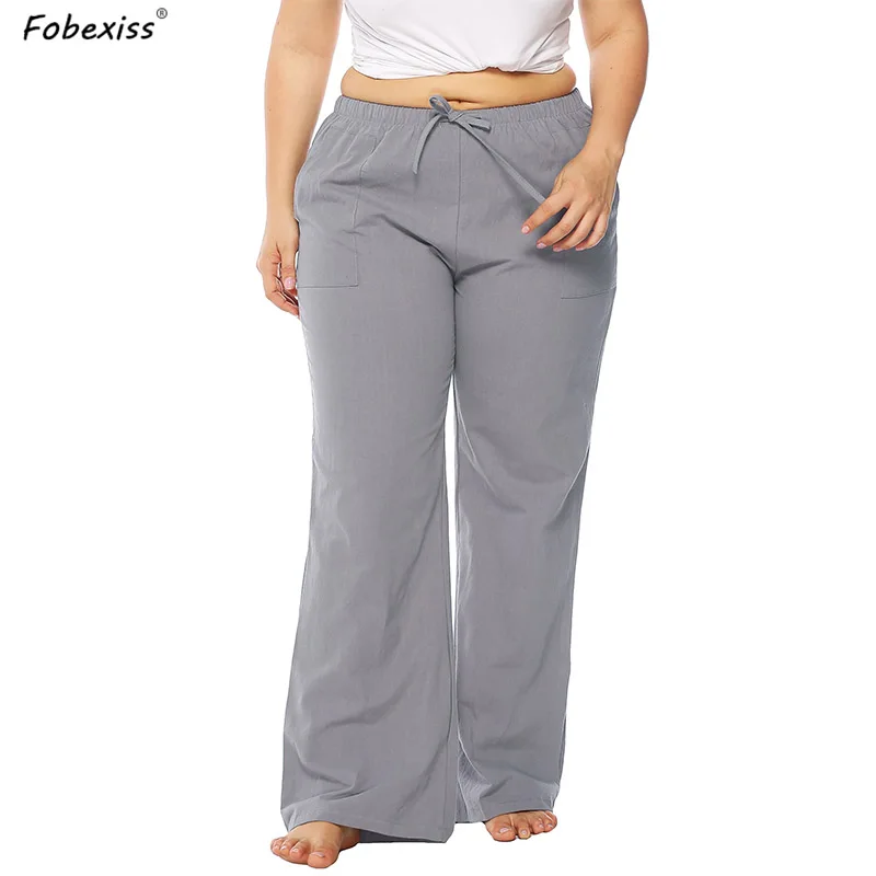 

Plus Size Grey Bell Bottom Pants Woman Loose Office Lady Elastic Waist Flare Pants Plain Long Trousers 2019 Fashion Pants Woman
