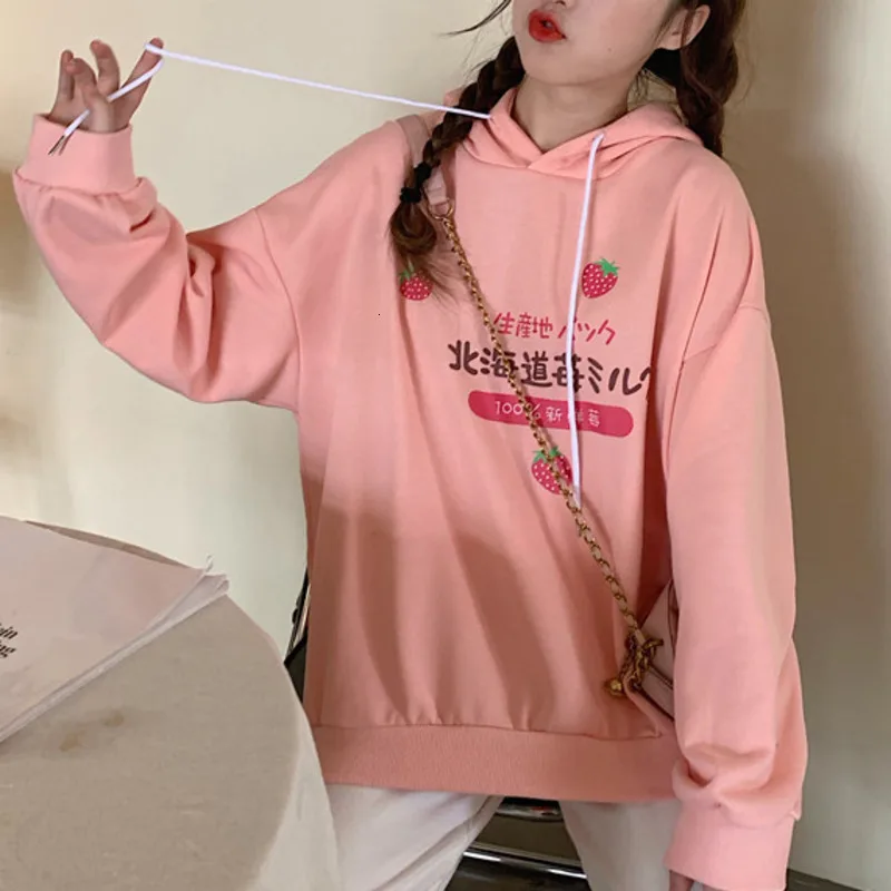 Fall Winter Hoodies Women Kawaii Japanese Strawberry Milk Letter Print Harajuku Sweatshirt Girls Long Sleeve Fleece Hooded Top