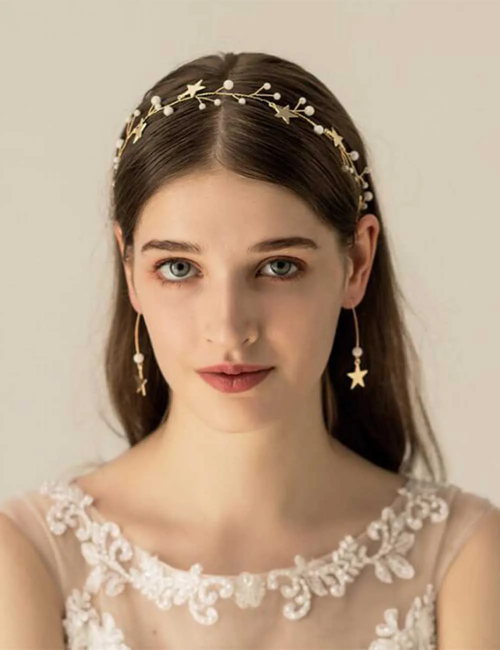 Wedding Earrings Headband Jewelry Set Gold Stars Bohemian Headpiece Crystal Pearl Hair Vine Star Halo Bridal Hair Accessories