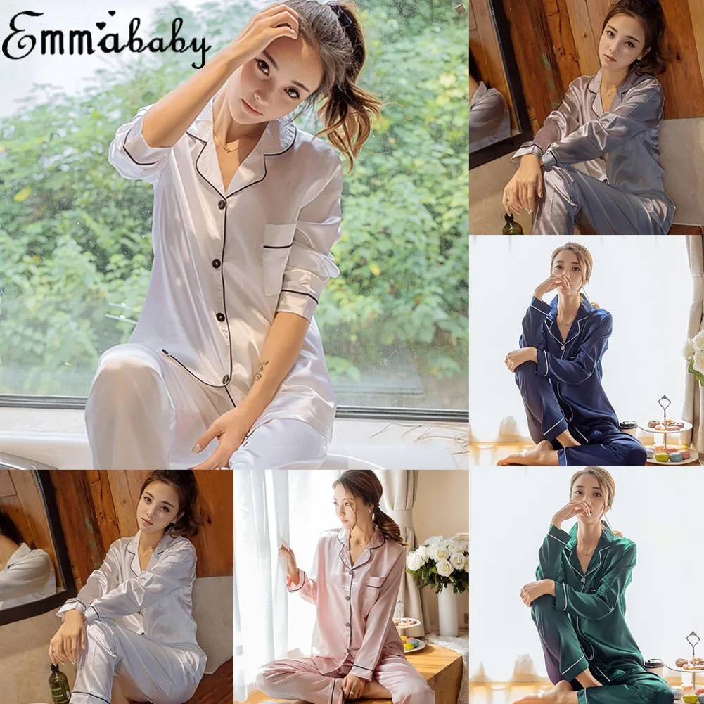 Женская атласная Шелковая пижама, комплект с длинными рукавами, рубашка, топы, длинные штаны, комплект одежды для сна, женские спортивные штаны, свободные брюки