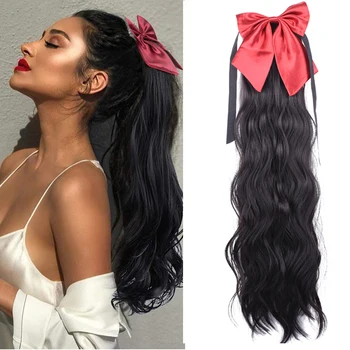 

Long Wavy Ponytail Wig With Bowknot For Women Natural Black Heat Resistant Synthetic Pony Tail Fake Clip in Hair Extensions