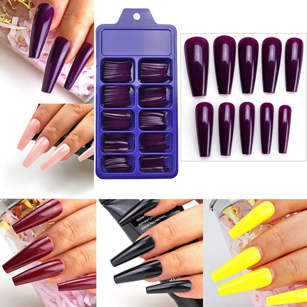 1 Box 100pcs Long Coffin Nail Art Tips - Colorful Ballerina Fake Nails