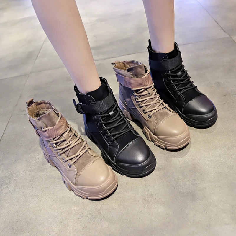 

Lace Up Shoes Boots Women New 2019 Booties Ladies Winter Footwear Luxury Designer Round Toe Low Heels booties Mid Calf Rock