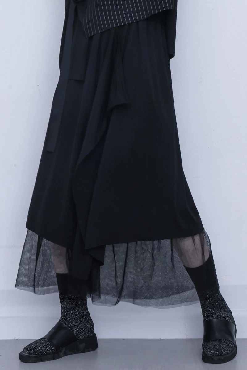 Gothic Black Mesh Patchwork Women Skirt Middle Calf A Line Skirts Female