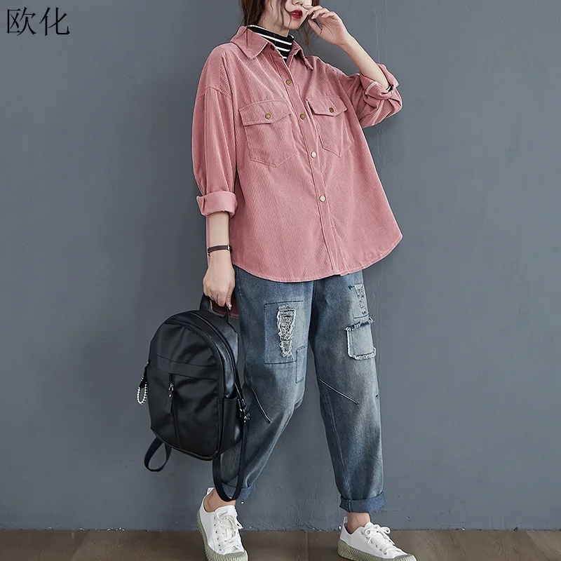 

Plus Size Women Corduroy Jackets Long Sleeve Vintage All-Match Loose Casual Coats Oversize Autumn Button Jackets Coats 5XL 2020