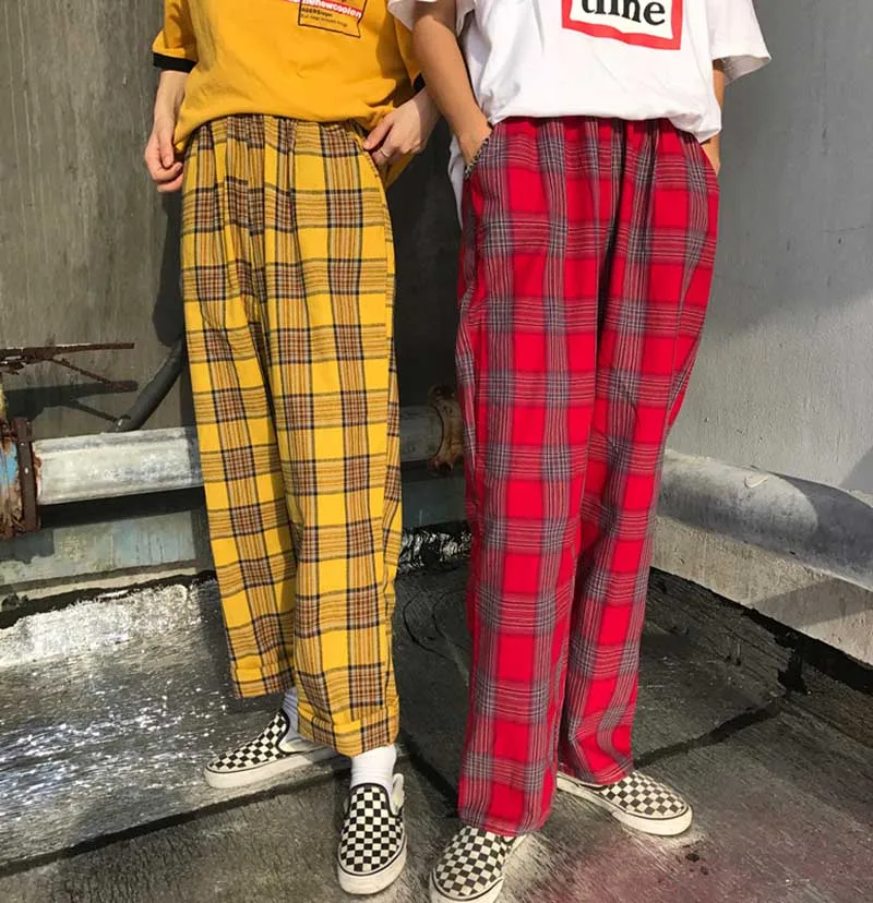 

NiceMix 2019 Spring Women's Pants Korean Version Harajuku Style Loose Pants Full Length Plaid Pants Streetwear Wide Leg Pants