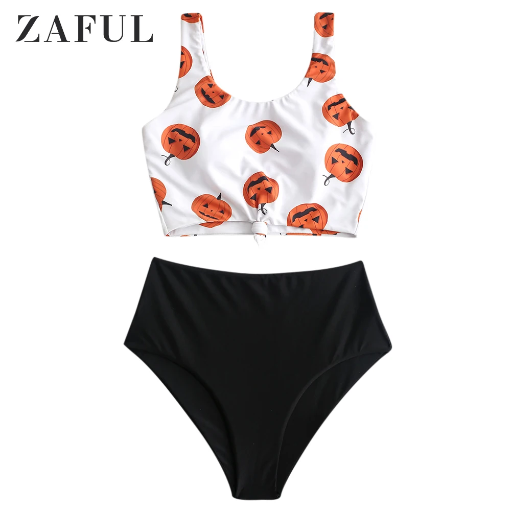 Женский раздельный купальник ZAFUL Танкини с узелком и принтом тыквы u-образным