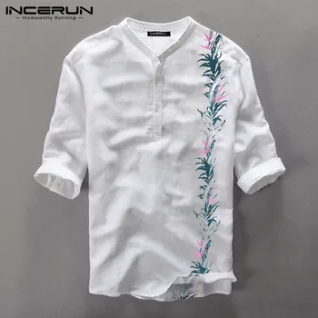 

Summer Printed Shirt Men Cotton Half Sleeve Stand Collar Breathable Casual Blouse Streetwear Shirts Men Vintage Chemise INCERUN