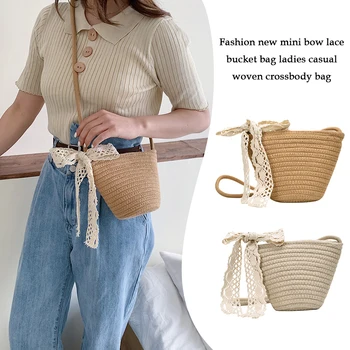 

Fashion Lace Bowknot Bucket Shoulder Bags Women Beach Straw Woven Lady Travel Handbags Cotton Rope Female Shoulder Messenger Bag