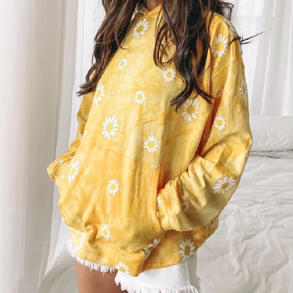 Женская толстовка с капюшоном и принтом разноцветная Радужная Свободная блузка