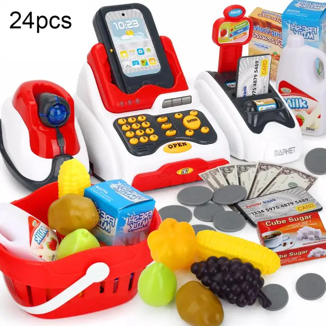 US $16.40 24Pcs/Set LED Music Shop Cash Register Scanner Food Model Educational Toy Play House Children DIY T
