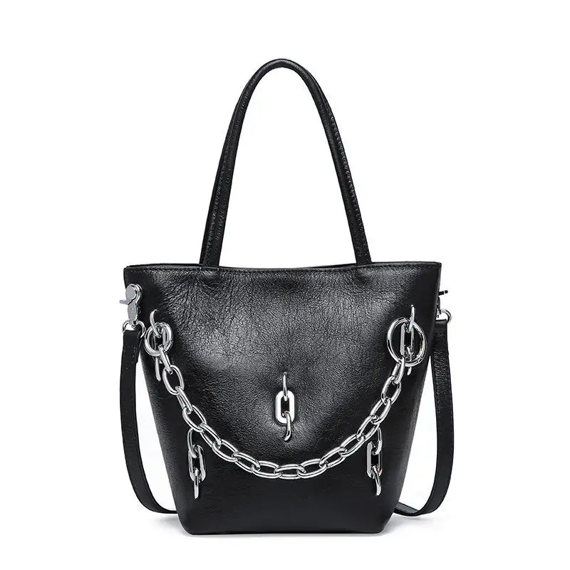 Johnature Genuine Leather Fashion Metal Chain Bucket Women Bag New Solid Color Hasp Soft Cowhide Shoulder& Crossbody Bags - Цвет: Черный