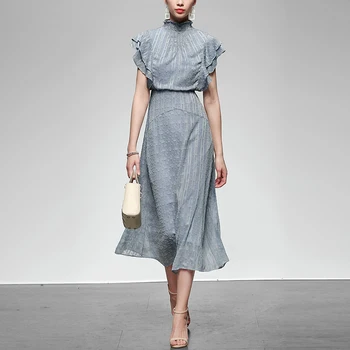 

Seifrmann Summer Fashion Designer Office Dresse Women Gray Chiffon Turtleneck Elegant Ruffles Ladies Slim Midi Dresses