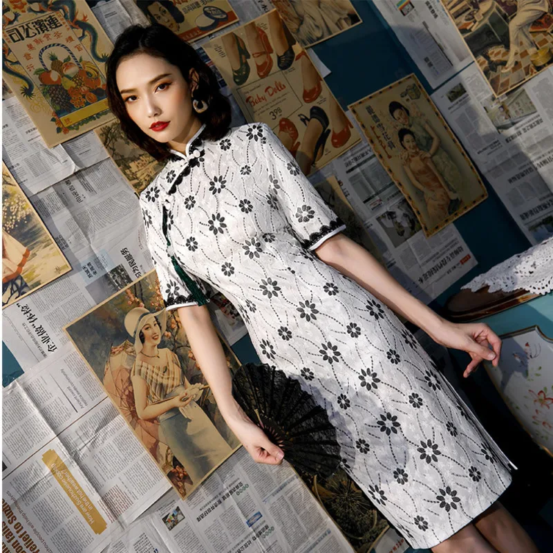 Женские кружевные платья Qipao длиной до колена белая женская традиционная китайская Улучшенная одежда Кружева Цветы Паттеры Qipao молодых девушек