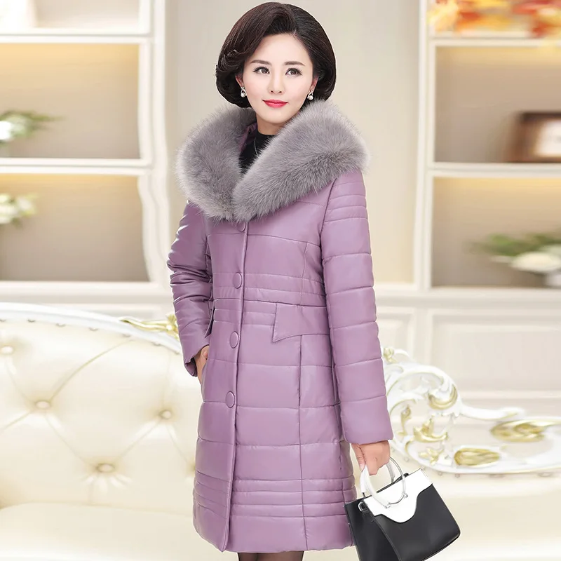 

2019 New Style Middle-aged Leather Coat Mid-length Middle-aged Women's Winter Cotton Coat Women Jacket Middle-aged Women Dress P