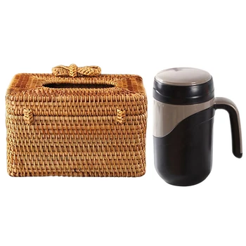 

2 Pcs Home Accessories: 1 Pcs Leakproof Insulated Bottle Mug With Handle 380Ml & 1 Pcs Rattan Tissue Box 19 X 13 X 11Cm