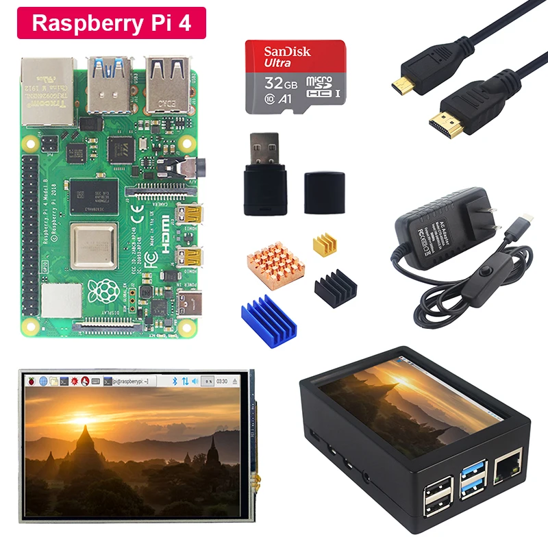 Raspberry Pi 4 Модель B+ 3,5 дюймовый сенсорный экран+ акриловый чехол+ блок питания+ sd-карта+ радиатор для Raspberry Pi 4B