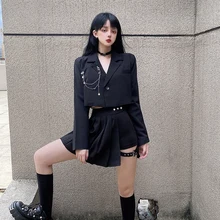 

Hanging chain Bandage Japanese Style Blazer Set Diablo Black Solid Color Coat and Pleated Skirt Short 2pcs Set for Women Autumn