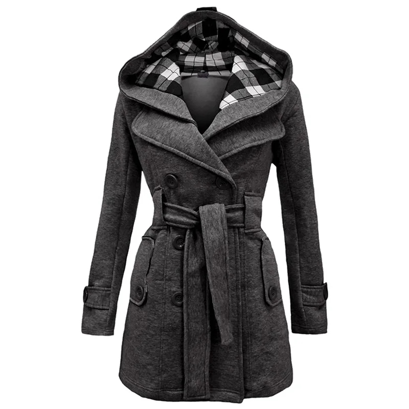 

2021 Women's Winter Double Breasted Warm Mid-length Windbreaker with Belt Fashion Solid Color Clothing Elegant Windbreaker