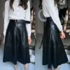 REALEFT 2022 New Autumn Winter PU Faux Leather Long Skirt with Belt High Waist Vintage A-line Skirt Chic Mid-calf Umbrella Skirt ► Photo 2/6