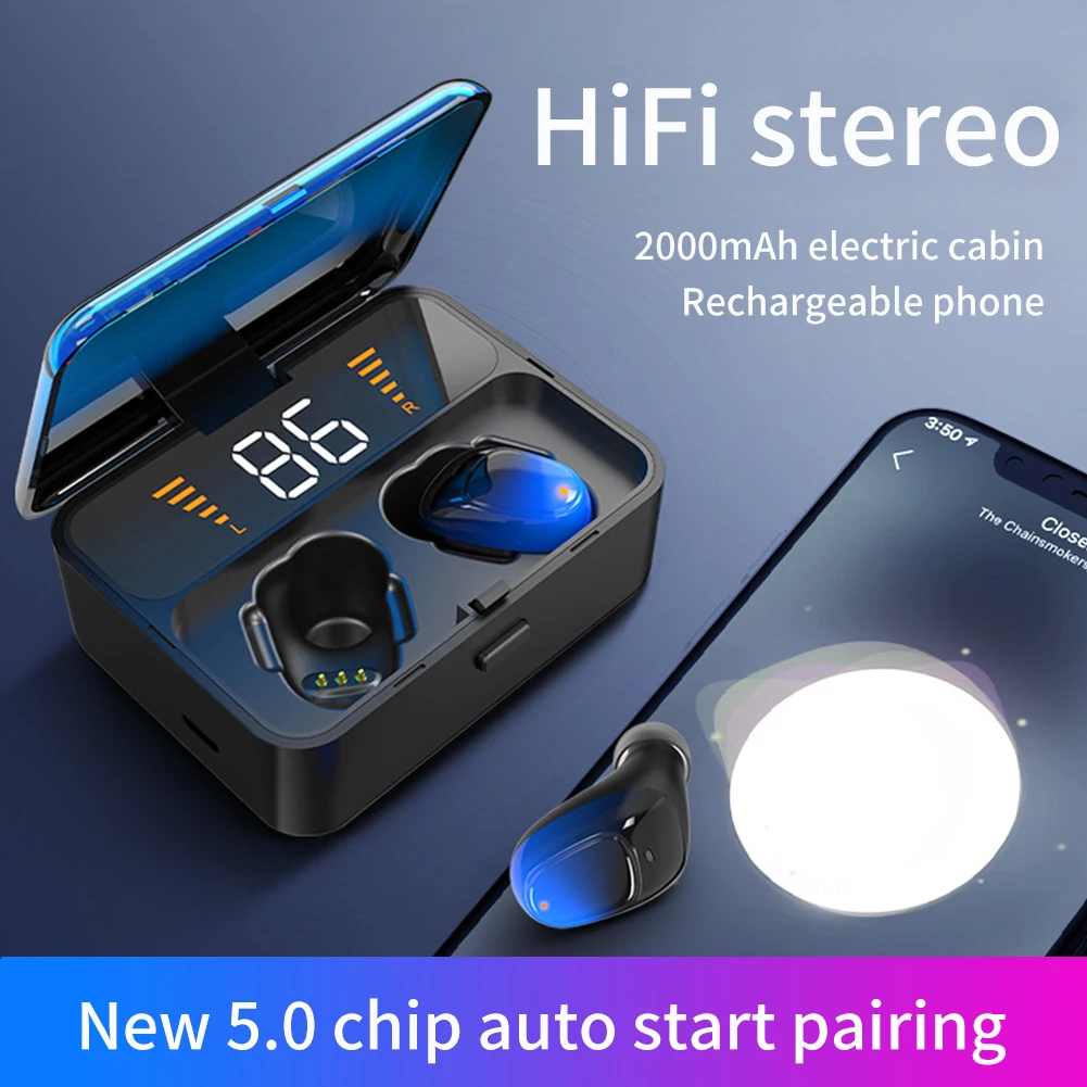 Синий Earbuds Bluetooth Earphone Waterproof Noise Cancelling Binaural Call In Ear Wireless Sports Stereo Power Display Music - Цвет: Синий