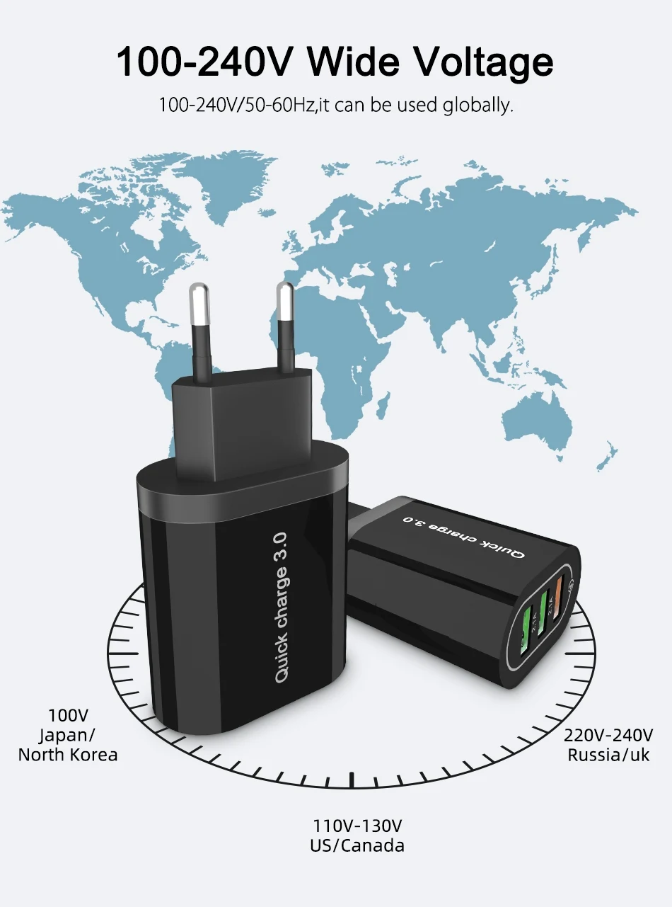 OREY 24W QC 3.0 Fast Charger, 4.8A Max 3 Port USB Charger Adapter Quick Charge 3.0 For Samsung/Xiaomi/Huawei Charger