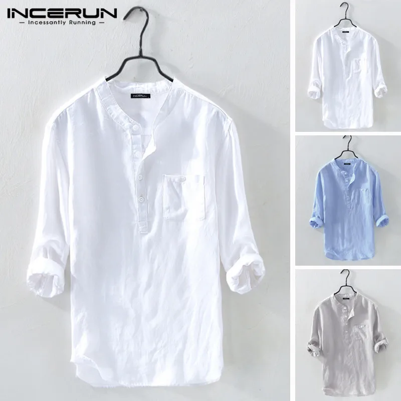 INCERUN Men Shirt Cotton 3/4 Sleeve Stand Collar Harajuku Tops Solid Color Vintage Brand Shirts 2020 Streetwear Camisa Masculina INCERUN Men Shirt Cotton 3/4 Sleeve Stand Collar Harajuku Tops Solid Color Vintage Brand Shirts 2020 Streetwear Camisa Masculina