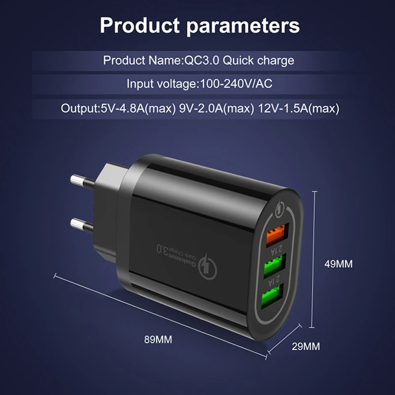 3 порта USB быстрая зарядка 5 в 2,4 А зарядное устройство 18 Вт адаптер питания для iPhone iPad samsung Xiaomi huawei QC3.0 быстрая настенная Зарядка для путешествий