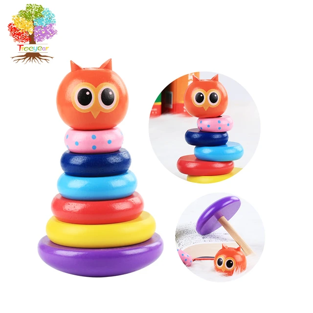 Treeyear 6 pcs Wooden Stackable Rings Roly-Poly Toy for Early Development and Sorting Skills for Ages 12+ Months 1