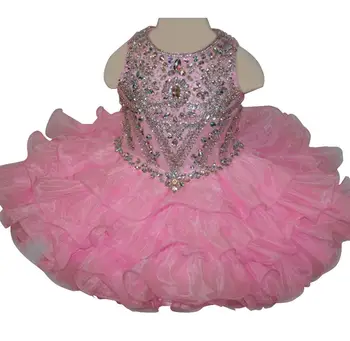 

Rhinestones Beaded Toddler Short Birthday Festival Luxury Infant Gown Ruffled Little Baby Girls' Miss National Pageant Dresses