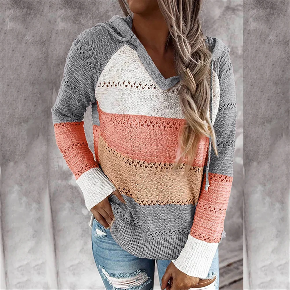 

2020 New Autumn Striped Pullover Patchwork Sweaters Women Hoodie Hollow Knit Pullover Fashion Oversized Sweaters Jumpers Femme