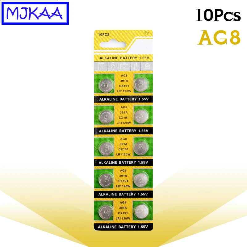 MJKAA 10 шт. AG8 1 5 V Щелочная монетная Cell батарейки для часов 533 553 609 LR1120 D381 GP391 SB AS GS8 SR1120W