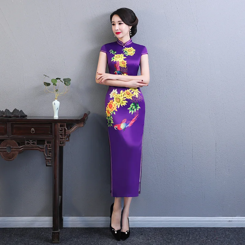 

2019 New Formal Women Artificial Silk Short Print Sleeveless Stand Collar Dresses Solit Embroidery Female Dress Small Fresh