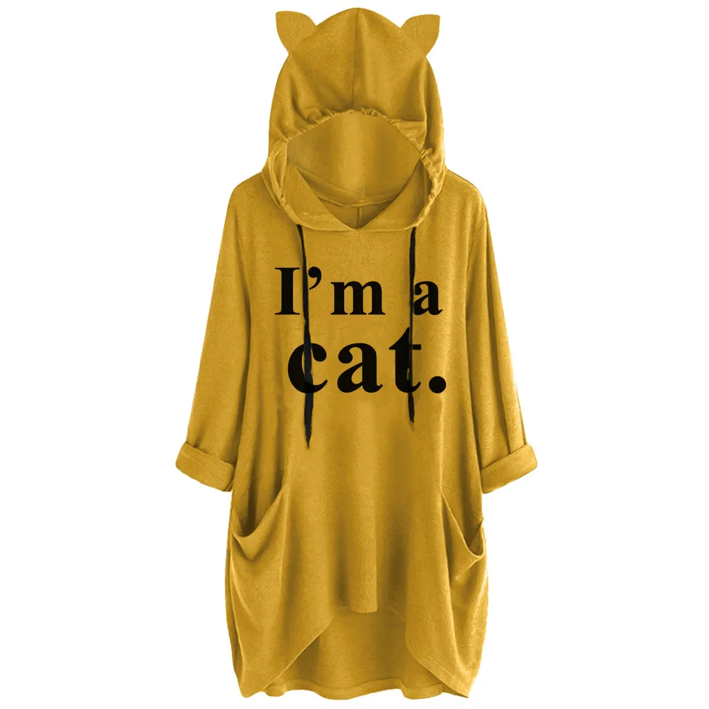Харадзюку худи с кошачьими ушами для женщин kawaii I Am A Cat с буквенным принтом толстовка с капюшоном Большие размеры Топы Блузка с карманами верхняя одежда