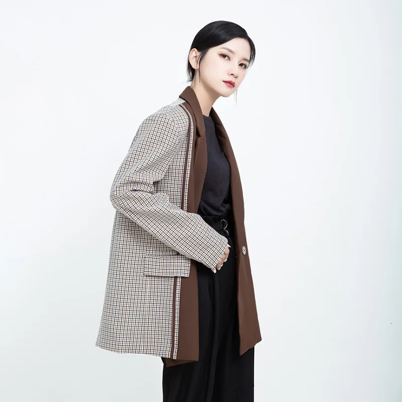 TWOTWINSTYLE хит цвет лоскутное плед Пиджаки для женщин Зубчатый воротник с длинным рукавом винтажные Осенние костюмы женская модная одежда