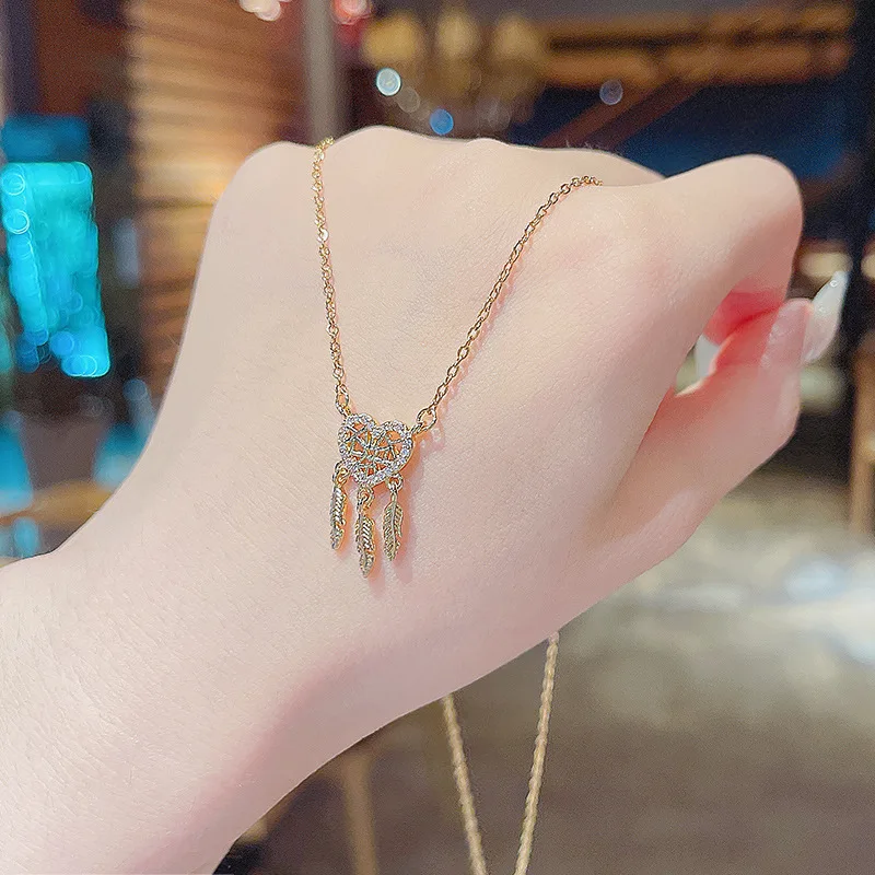 Fancy Hollow Dream Catcher Leaf Feather Shiny Crystals Drop Dangle Earrings For Women Party Jewelry Korean Hanging CZ Earrings